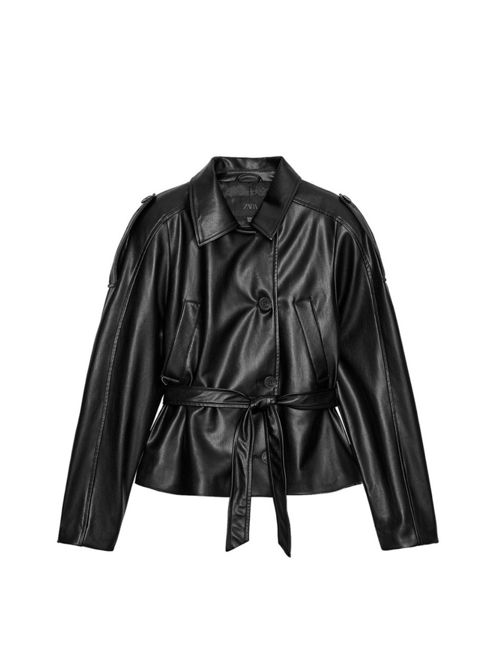 Zara Black Faux-Leather Tie-Waist Jacket